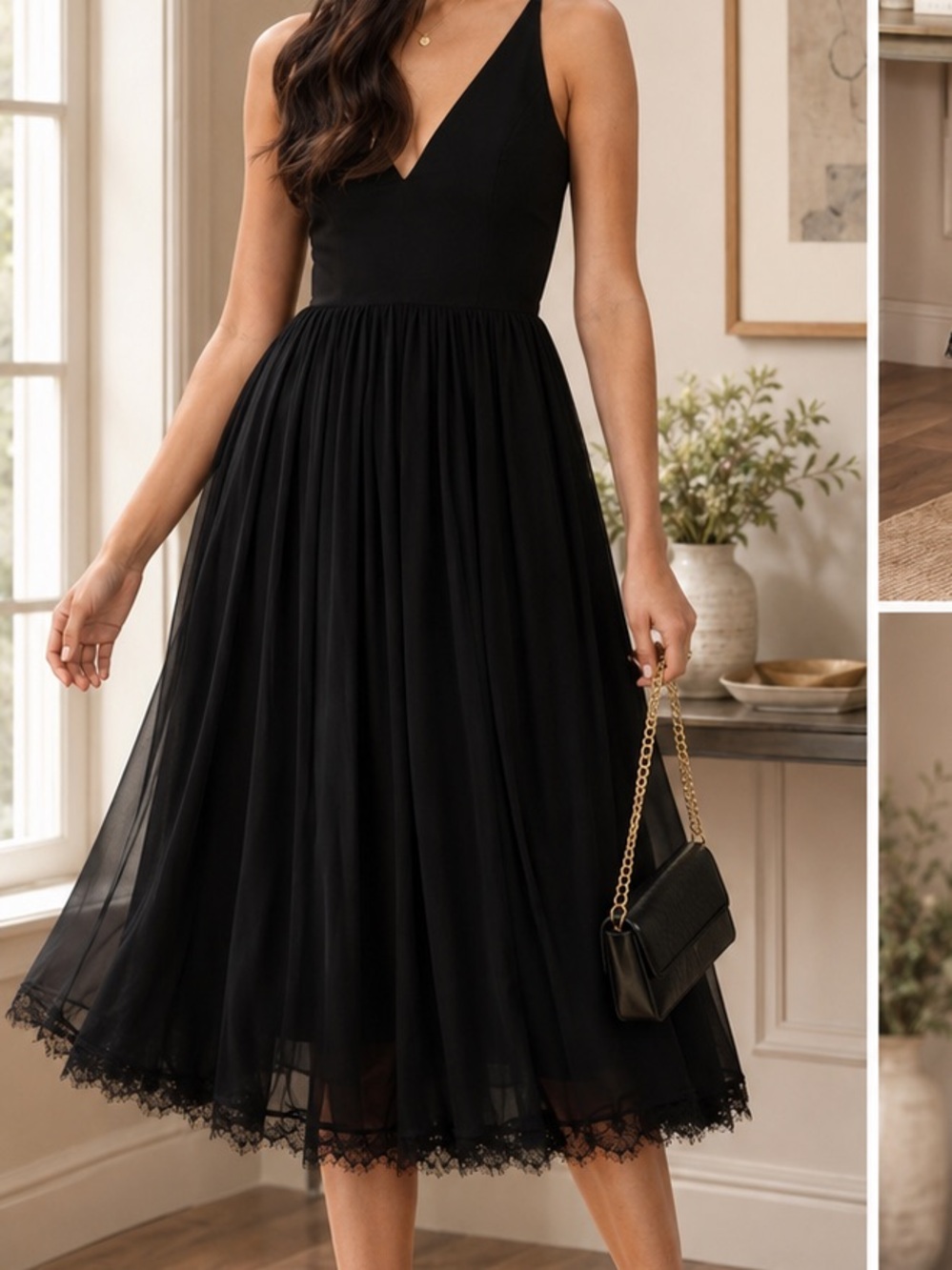 Dress the Population Alicia Dress Black Chiffon Midi Twirl V-Neck Size S